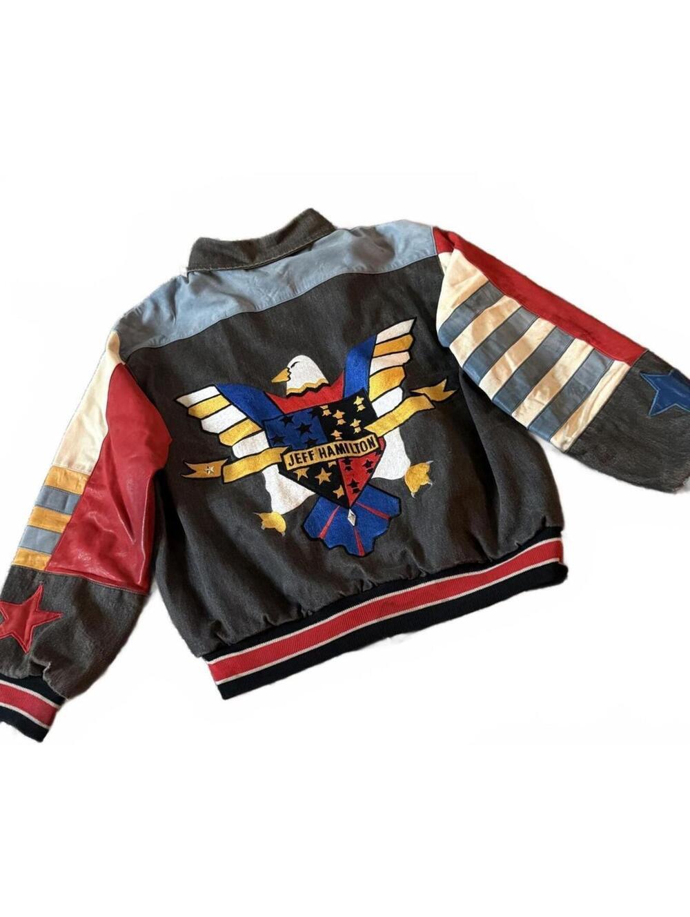 Jeff Hamilton Vintage Leather Denim Bomber Jacket USA Eagle Varsity XL